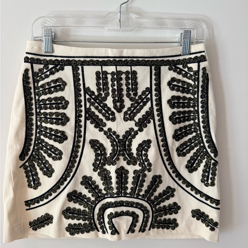 Blue Rain Embroidered Ivory Mini Skirt with Black Beaded Detail